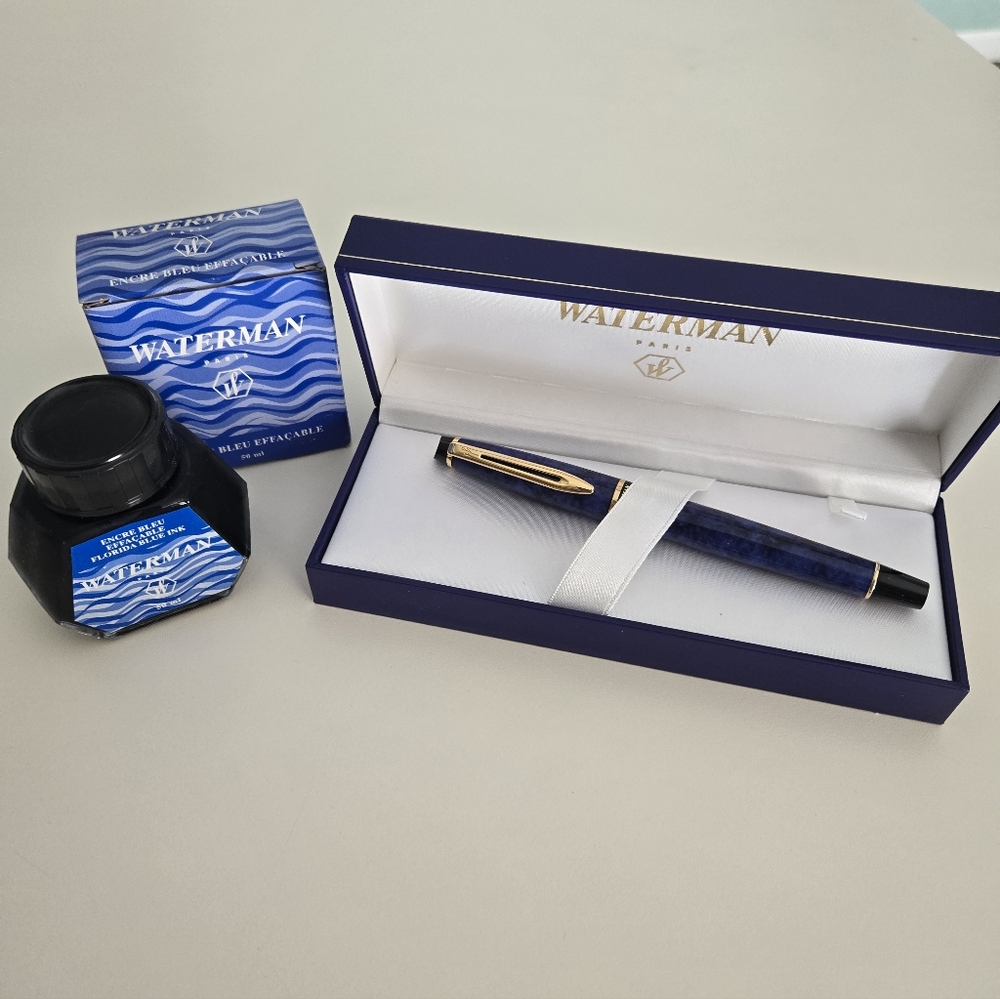 VTG Waterman Paris Expert II Blue Marble Fountain Pen W Box & Glass Ink Well